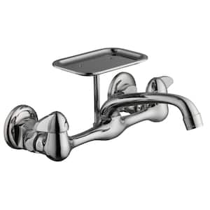 Double-Handle Wall Mount Kitchen Faucet with Soap Dish in Polished Chrome Finish