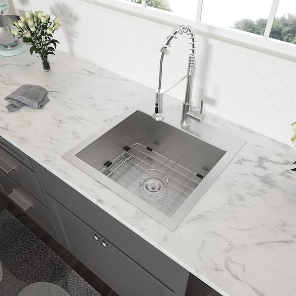 Staykiwi 22 in. D x 22 in. Drop-in Laundry/Utility Sink in Brushed Nickel with Bottom Grid