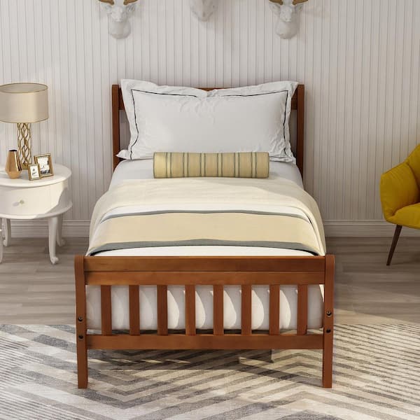 Oak Wood Frame Twin Size Platform Bed with Headboard, Footboard