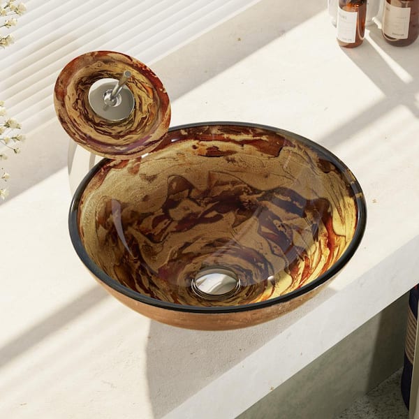 Rene Glass Vessel Sink in Golden and Auburn with Waterfall Faucet and Pop-Up Drain in Chrome