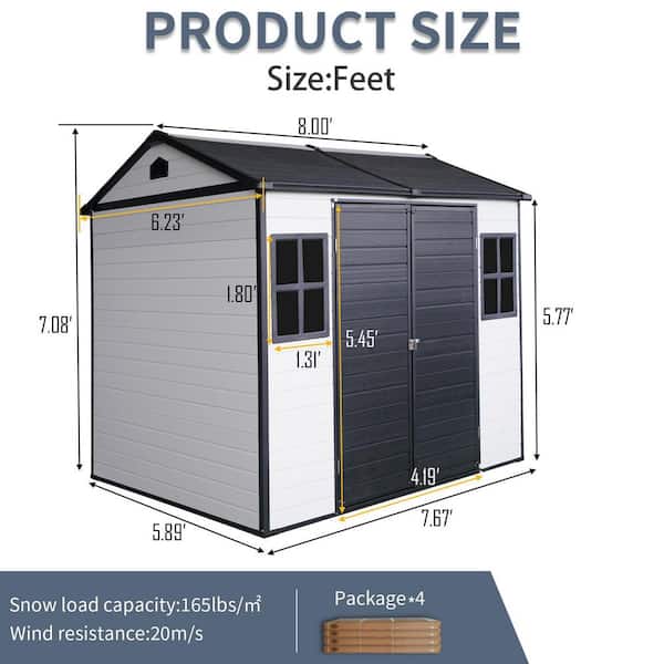 Clihome 8x6 ft Black White Polypropylene Shed with Waterproof