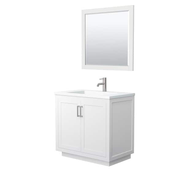 Wyndham Collection Miranda 36 in. W Single Bath Vanity in White with Solid Surface Vanity Top in White with White Basin and Mirror
