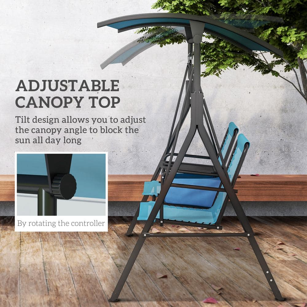 Blue 2-Person Outdoor Swing with Adjustable Canopy and Storage