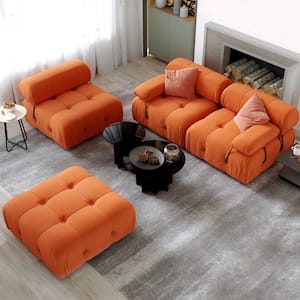 113.4 in. Flared Arm Teddy Velvet 4-Wide Seats Tufted Rectangle Sectional Sofa Couch with Ottoman, Orange