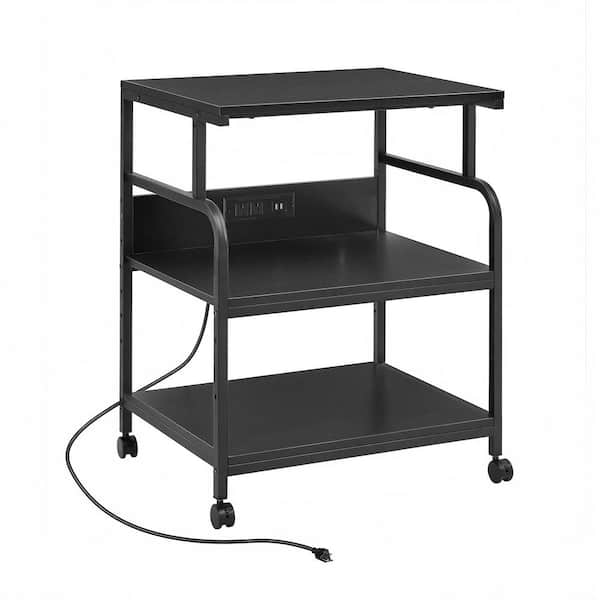 30.2 in. Printer Stand with USB and Power Outlet, 3-Tier Adjustable Rolling Cart with Lockable Wheels for Office, Black