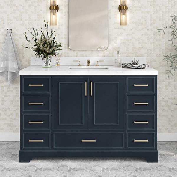 Stafford 54 in. W x 22 in. D x 36 in. H Single Freestanding Bath Vanity in Midnight Blue with Carrara White Quartz Top