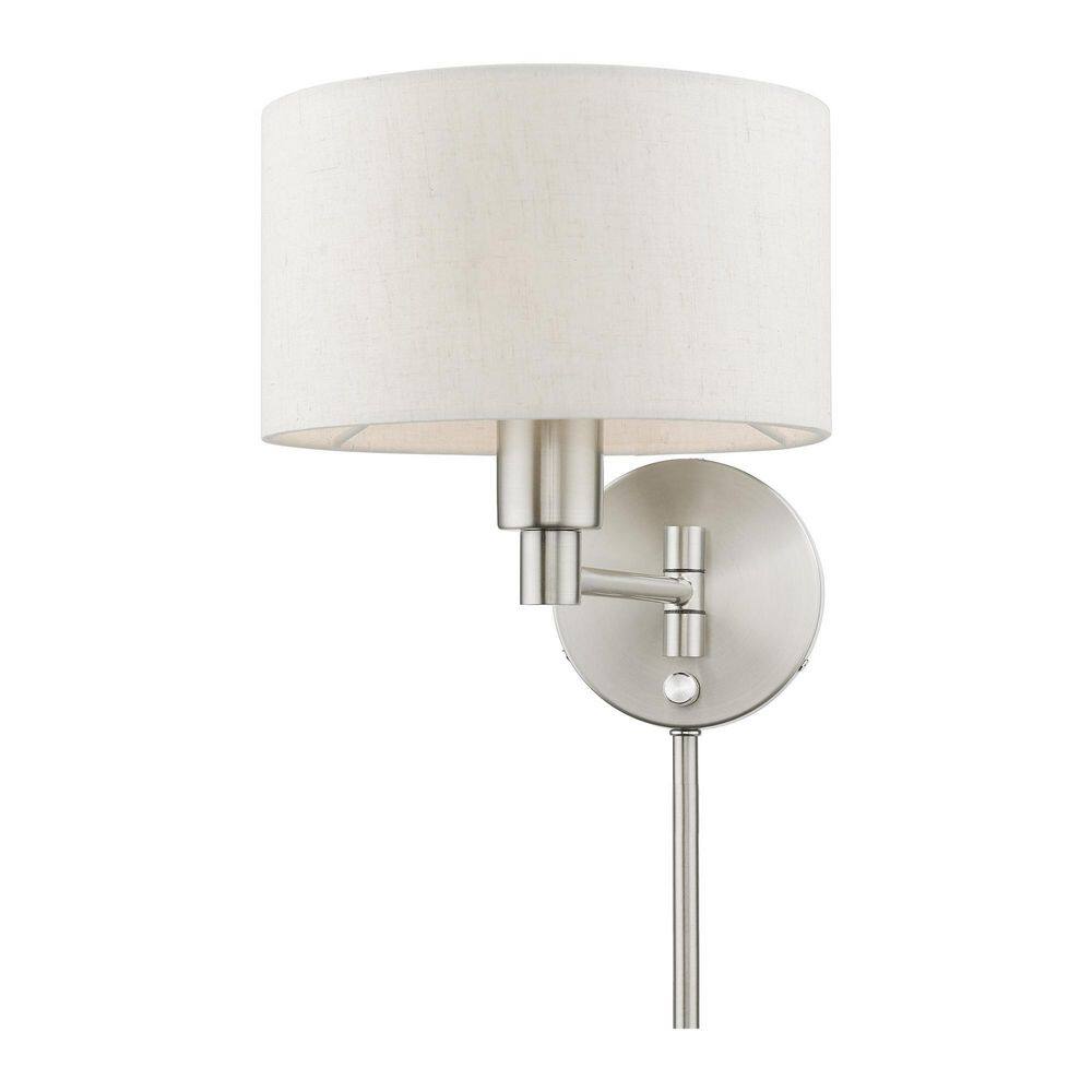 Transitional Brushed Nickel Swing Arm Wall Lamp with Oatmeal Fabric Shade
