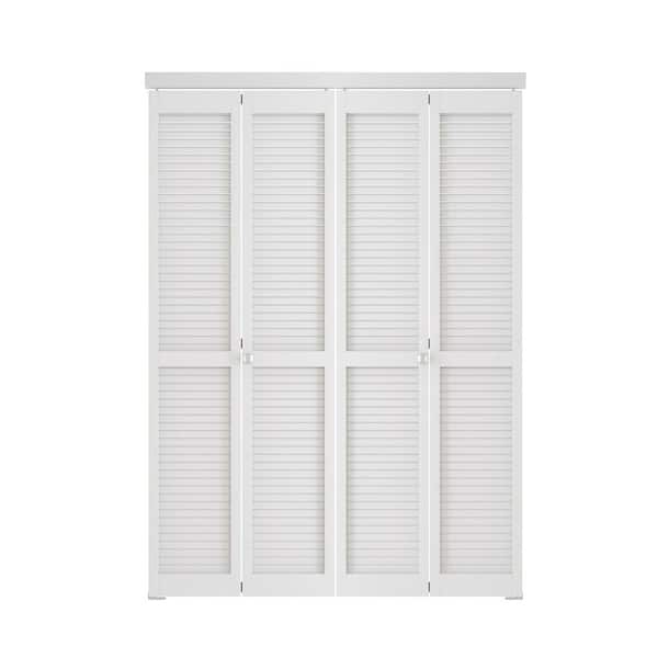 56 in. x 80 in. Louvered Panel Solid Core Composite MDF and PVC Covering White Bi-Fold Door with Hardware