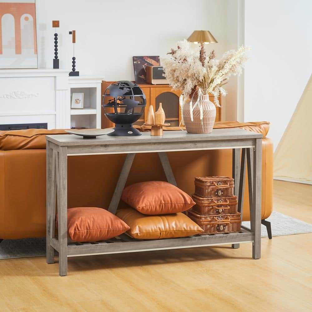 Gray Wood Farmhouse Console Table with Storage Shelf