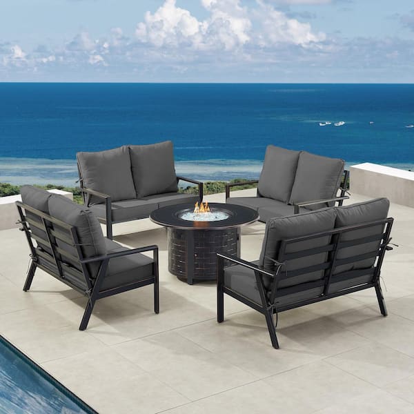 Oakland Living Black 5-Piece Aluminum Patio Fire Pit Set with Black Cushions