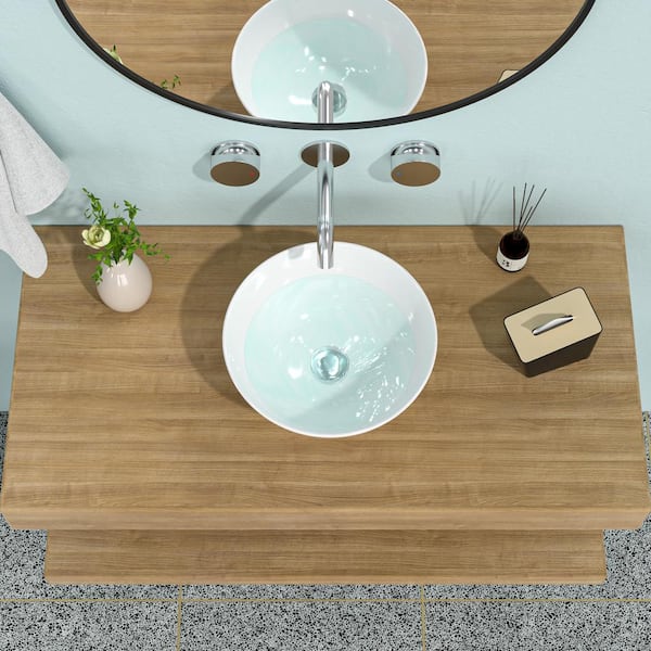 Unbranded 13 in. L x 13 in. W x 5.5 in. D White Ceramic Round Bathroom Vessel Sink