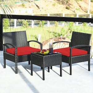 3-Piece Wicker Outdoor Rattan Patio Conversation Set with Red Cushions