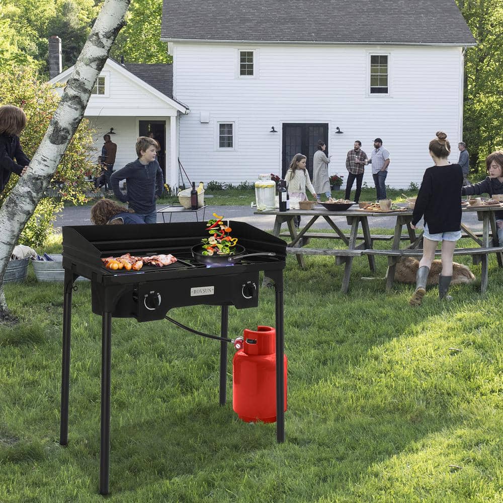 Black Cast Iron 2-Burner Portable Propane Gas Grill with Windscreen