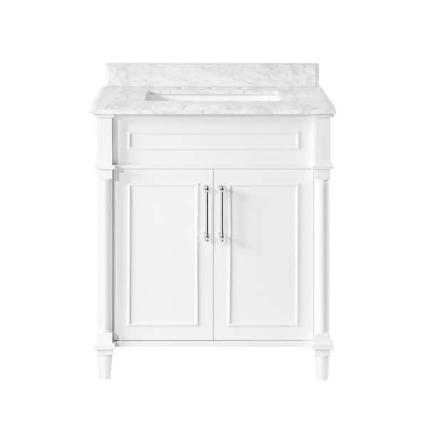 Aberdeen 30 in. Single Sink White Bath Vanity with Carrara Marble Top (Assembled)