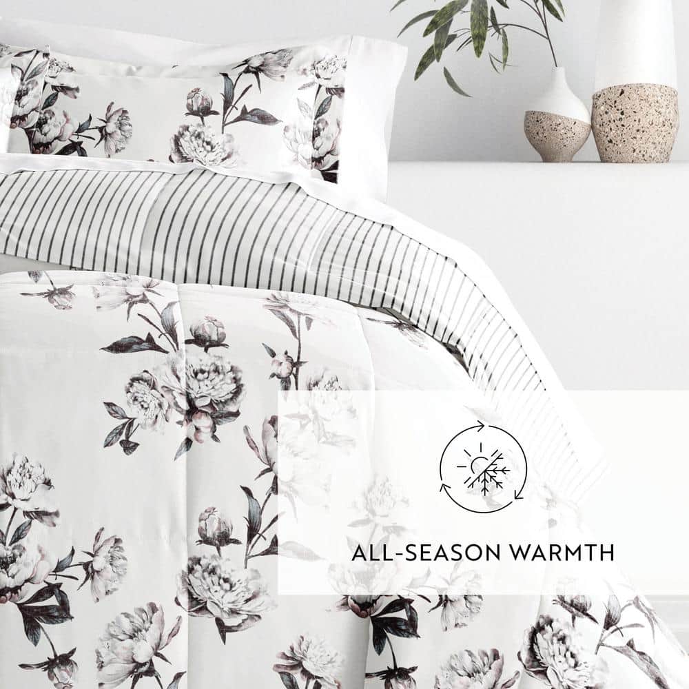 King Gray Floral Down Alternative Reversible Comforter Set