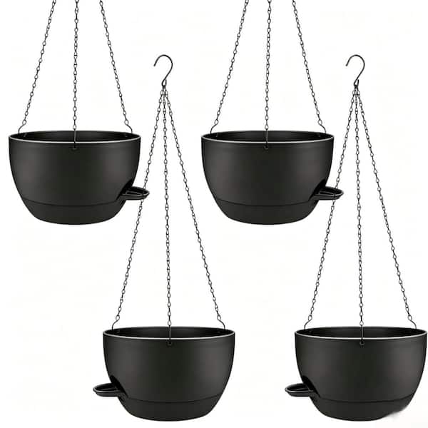 Set of 4 8 Inch Self Watering Hanging Planters for Indoor Outdoor Use with Drainage Tray, Black