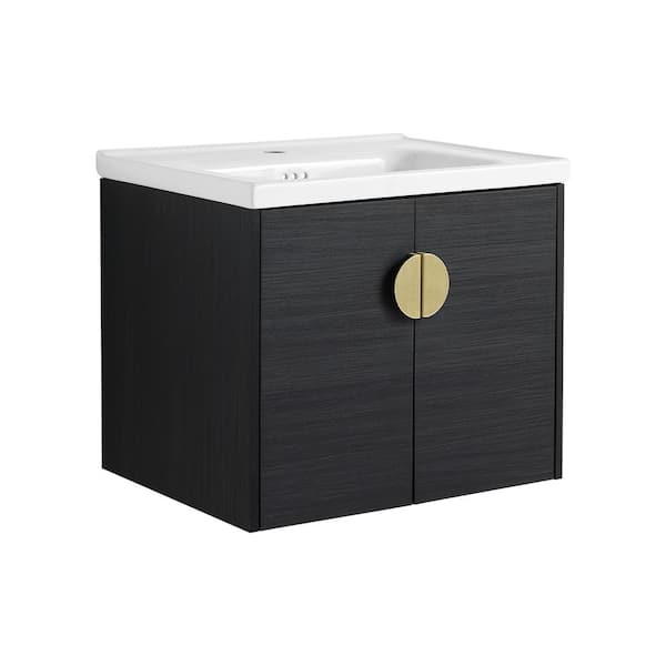 23.80 in. W x 18.50 in. D x 20.70 in. H Floating Wall-Mounted Bath Vanity in Black Chestnut with White Ceramic Top