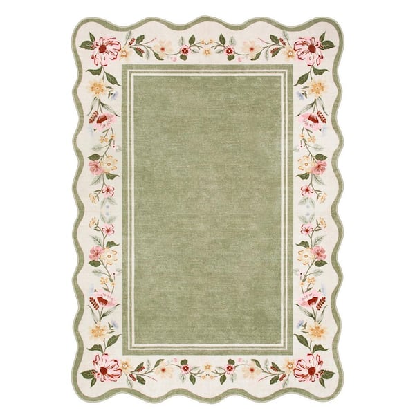 5 ft. x 7 ft. Machine Washable Green Scalloped Vintage Floral Low Pile Non Slip Soft Living Room Bedroom Indoor Area Rug
