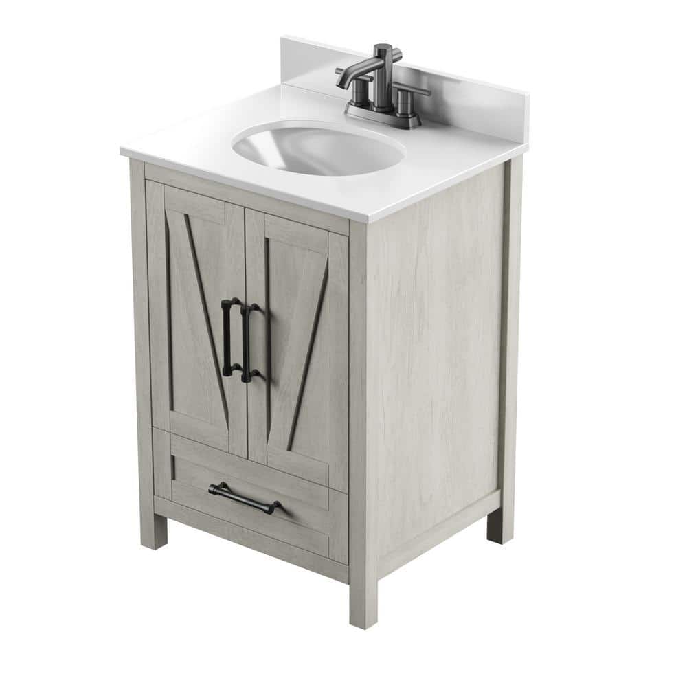 Rustic Oak Bathroom Vanity with White Stone Top and Basin