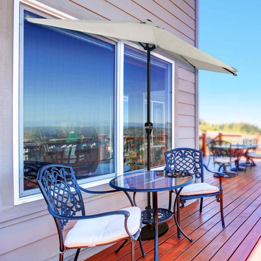 Tan Steel Half Round Patio Umbrella with Easy Crank