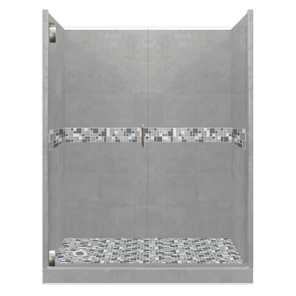 American Bath Factory Newport Grand Hinged 32 in. x 60 in. x 80 in. Left Drain Alcove Shower Kit in Wet Cement and Satin Nickel Hardware