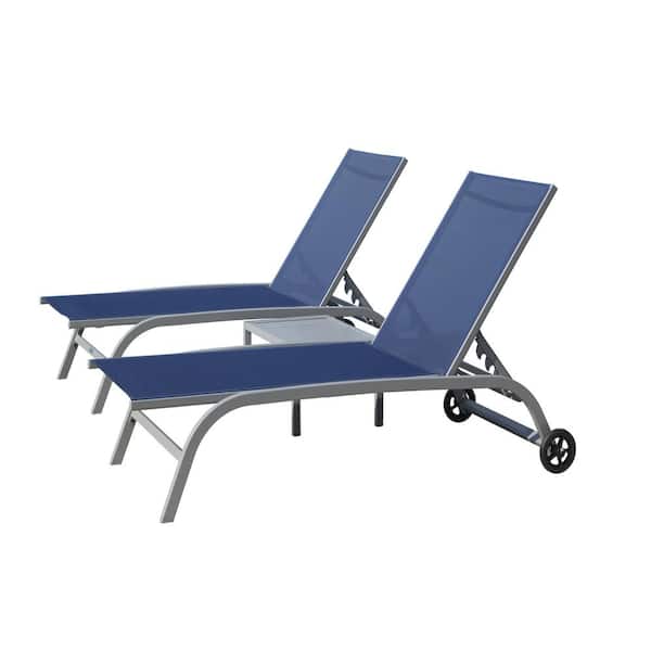 Unbranded 3-Piece Metal Outdoor Chaise Lounge in Navy Blue with Wheels and Adjustable Backrest