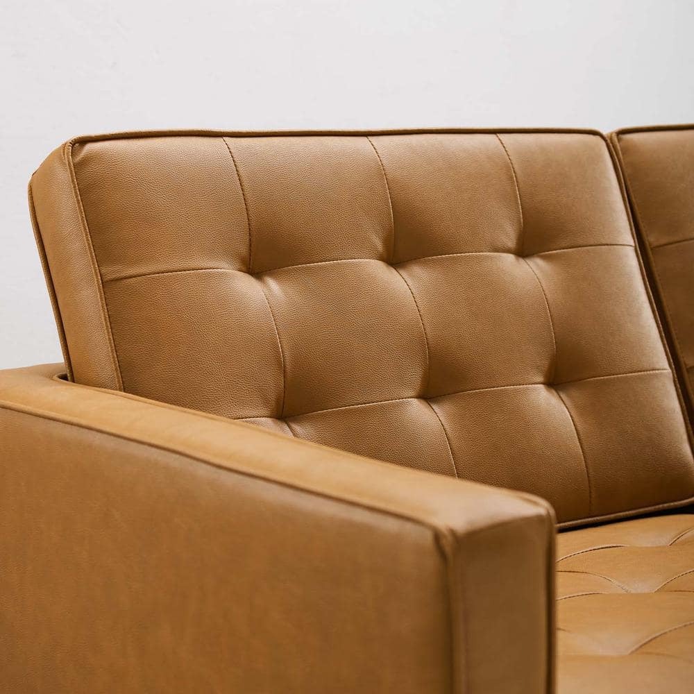 Silver Tan Tufted Faux Leather Loveseat with Metal Legs