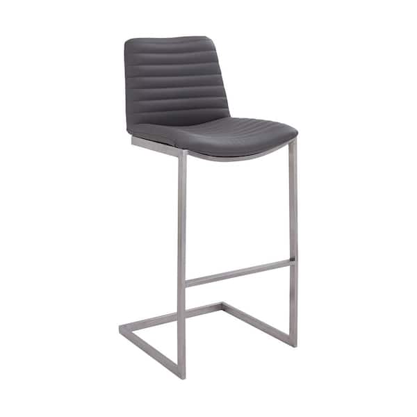 Armen Living Lucas Contemporary 26 in. Counter Height Bar Stool in Brushed Stainless Steel and Grey Faux Leather