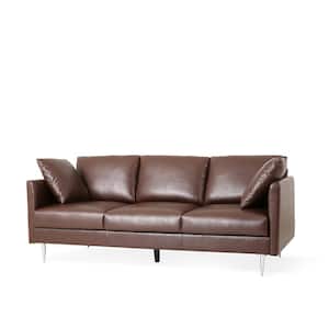 Eliphaz 73 in. Wide Dark Brown and Silver 3-Seat Square Arm Faux Leather Straight Faux Leather Sofa
