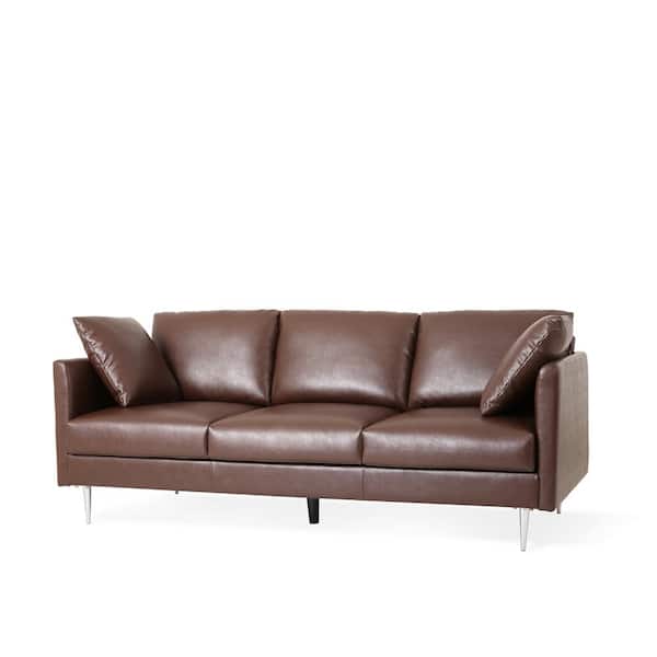 Noble House Eliphaz 73 in. Wide Dark Brown and Silver 3-Seat Square Arm Faux Leather Straight Faux Leather Sofa