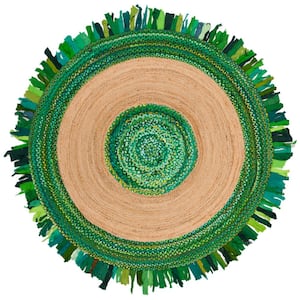 Cape Cod Green/Natural Doormat 3 ft. x 3 ft. Round Striped Area Rug