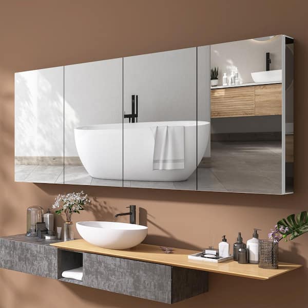 Tyn 80 in. W x 30 in. H Rectangular Aluminum Recessed/Surface Mount White Medicine Cabinet with Mirror And Glass Shelves
