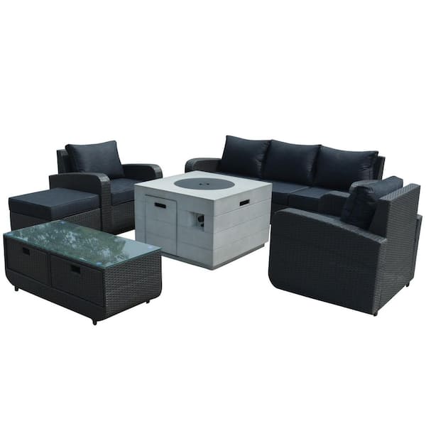 moda furnishings Annie Black 6-Piece Wicker Patio Fire Pit Conversation Sofa Set with Beige Cushions