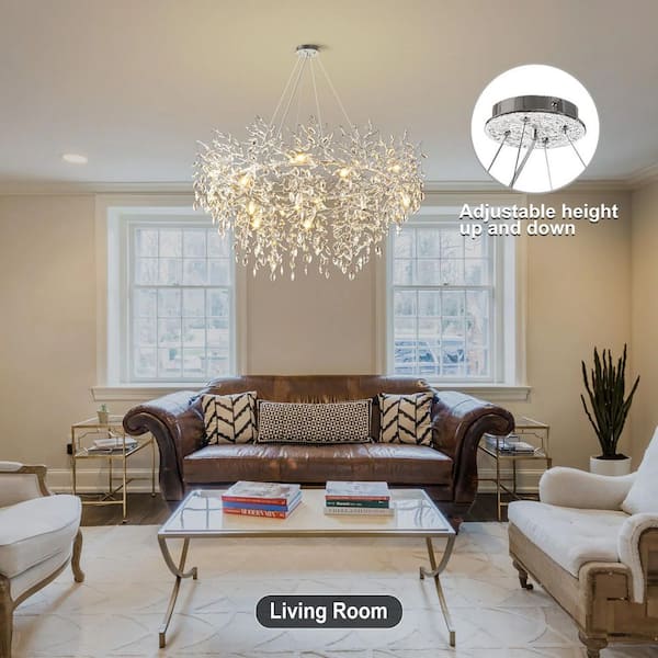 48 in. 14-Lights Modern Branch Crystal Chandelier, Silver Dimmable Kitchen Island Chandelier, for Living Room Bedroom