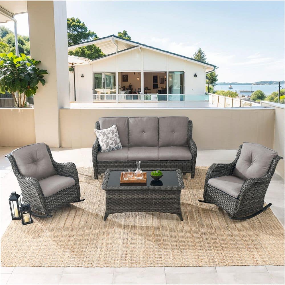 Carlos 4-Piece Gray Wicker Patio Conversation Set with Rocking Chairs, Outdoor Sofa Seating Set with Gray Cushions price history on PriceWatchPro