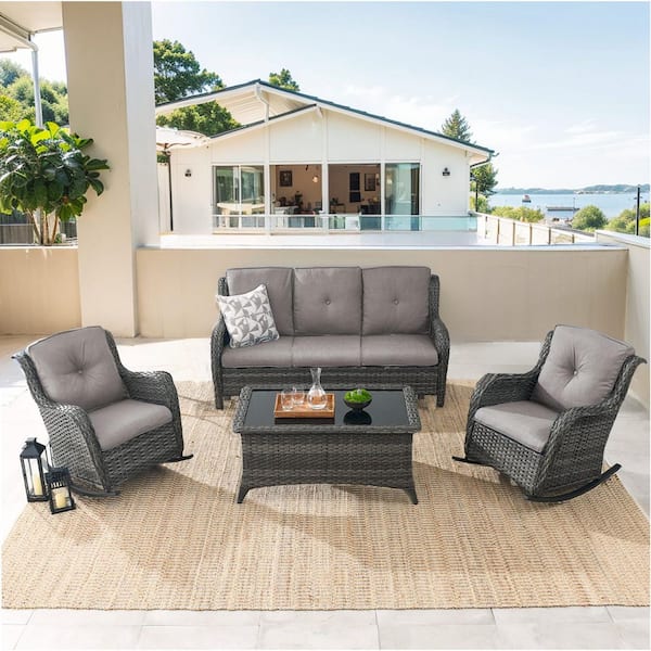 Carlos 4-Piece Gray Wicker Patio Conversation Set with Rocking Chairs, Outdoor Sofa Seating Set with Gray Cushions