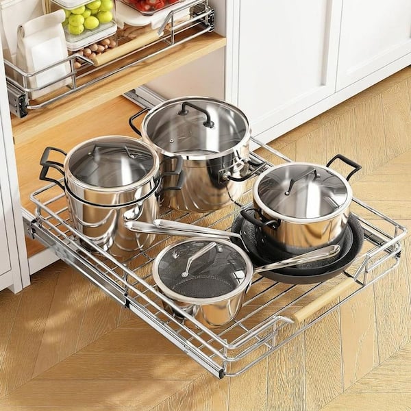 15"W X 21"D Electroplated Metal Pull Out Cabinet Organizer with Wooden Handle Heavy Duty Full-Extension Sliding Shelf
