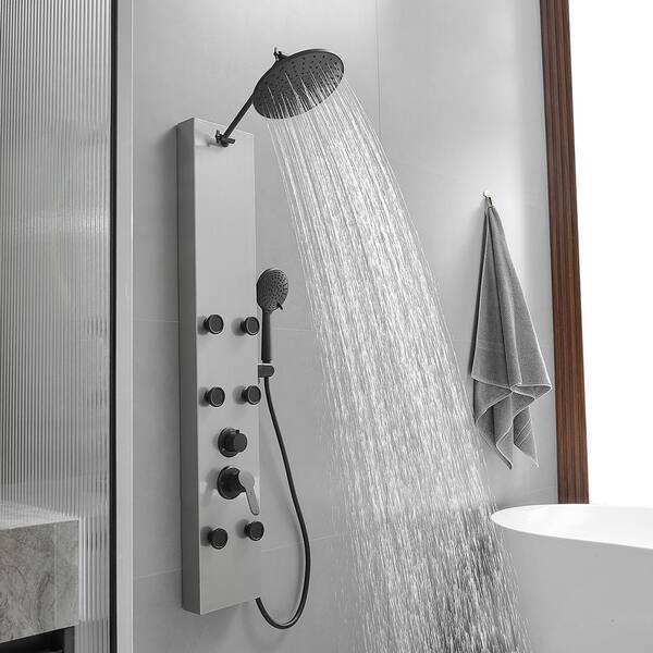 55 inch 3- Jet Stainless Steel Shower Panel System with Rainfall, Waterfall Shower Head, Tub Spout & Handheld Shower - Matte Black Finish