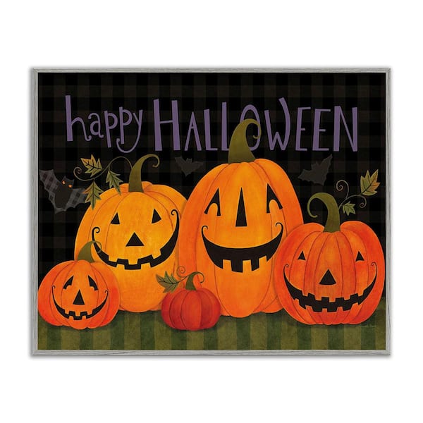 Stupell Industries Halloween Smiling Jack-o-Lanterns by Bernadette Deming 1-Piece Framed Graphic Print Typography Art Print 14 in. x 11 in.