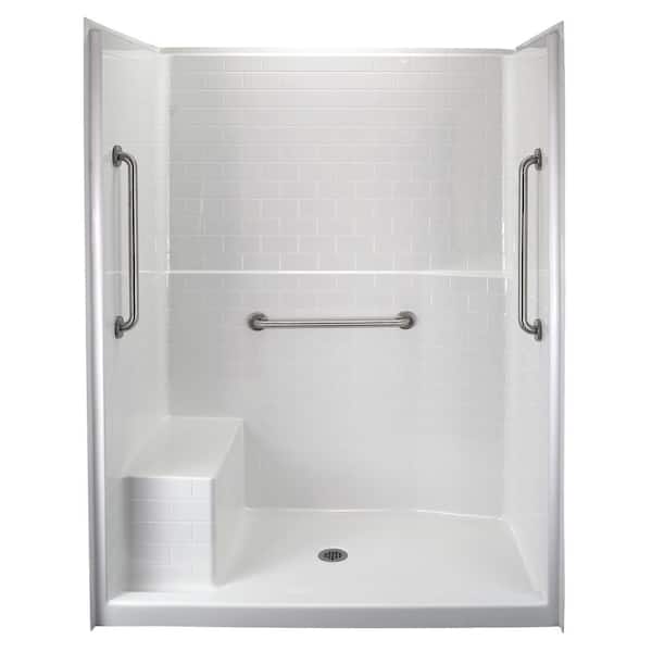 Ella Classic 60 in. x 35 in. x 81 in. 1-Piece Subway Tile Shower Stall in White, LHS Molded Seat, Grab Bars, Center Drain