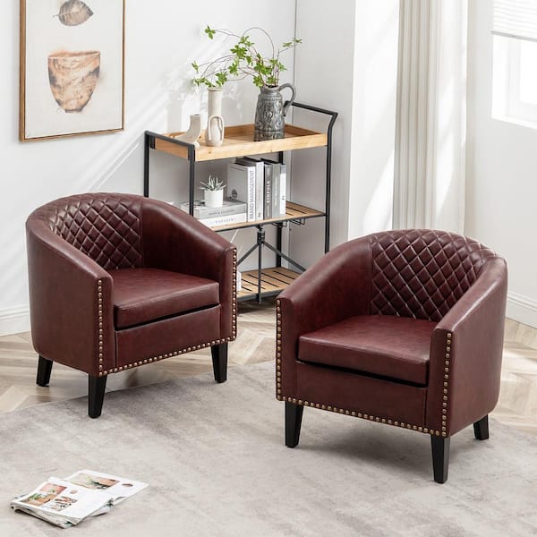KINWELL Red Tufted Faux Leather Small Club Bar Barrel Chair Set of