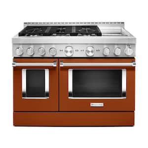 48 in. 6.3 cu. ft. Smart Double Oven Commercial-Style Gas Range with Griddle and True Convection in Scorched Orange