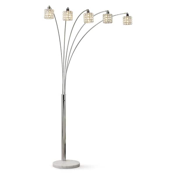 HomeGlam Flair 85 in. H Chrome Finish LED Dimmable 5-Light Crystals Arch Floor Lamp with LED Bulbs