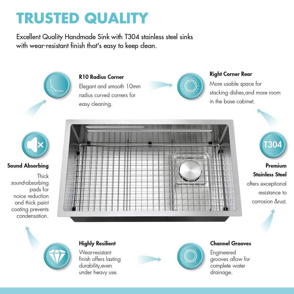 Akicon AK-U3219WS 32'' L Undermount Single Bowl Stainless Steel Kitchen Sink