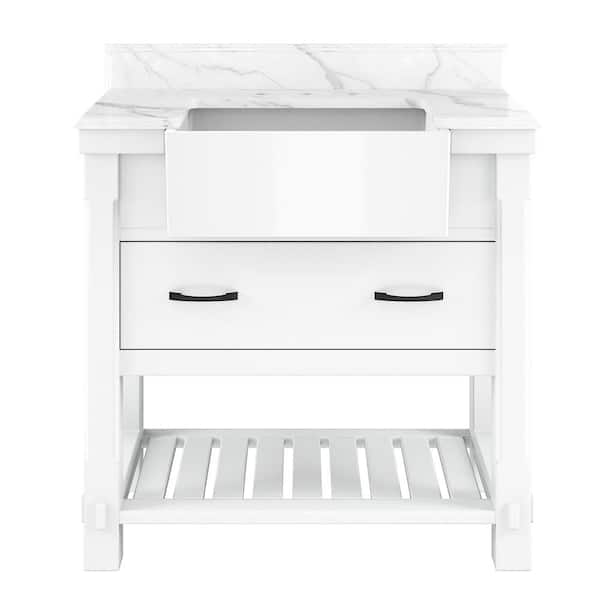 36 in. W x 21 in. D x 35 in. H Single Sink Freestanding Bath Vanity in White with White Quartz Top [Free Faucet]