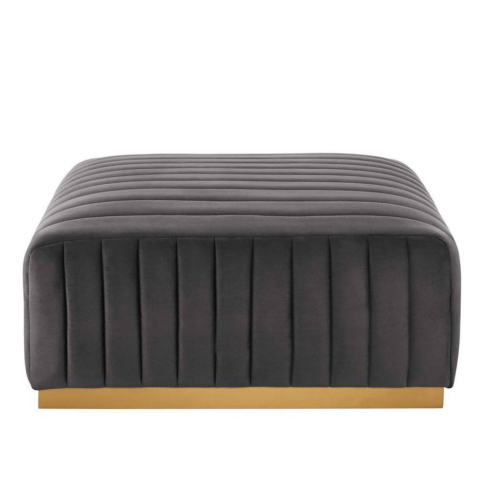 Gray and Gold Velvet Tufted Ottoman with Stainless Steel Base