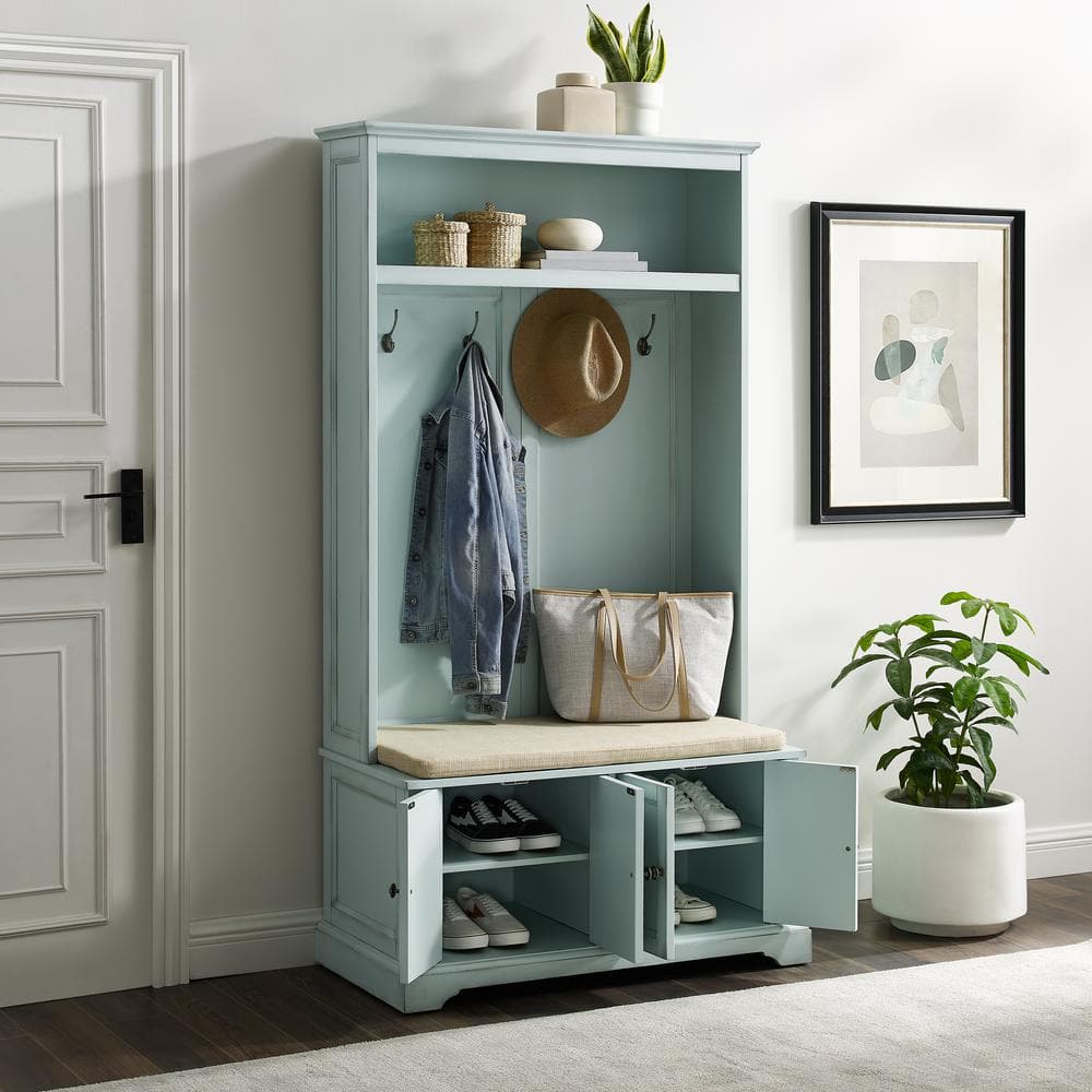 Holbrook Seafoam Blue Distressed Hall Tree with Storage Bench