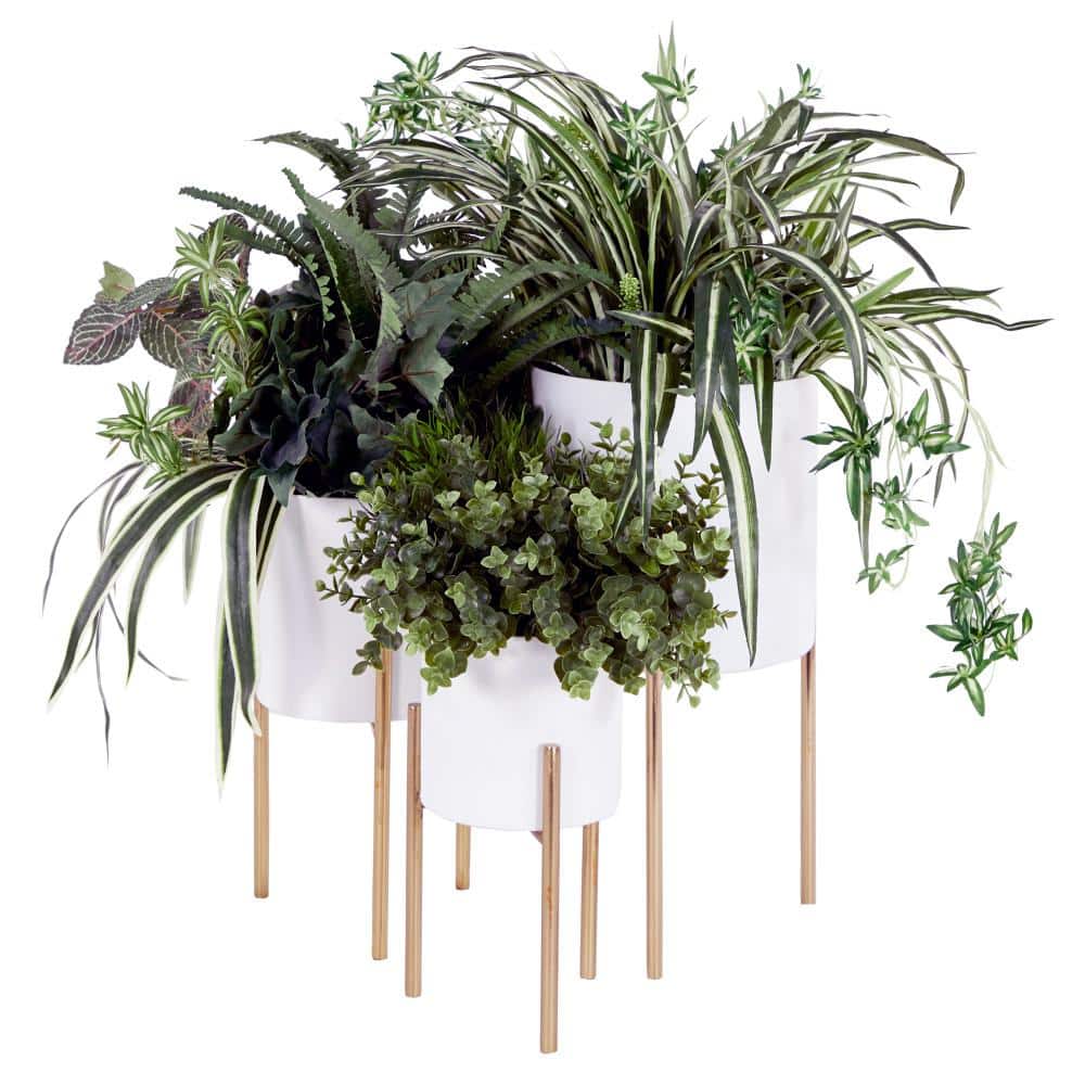 White and Gold Metal Cylinder Floor Planter Set of 3