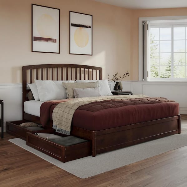 AFI Lucia Walnut Brown Solid Wood Frame King Platform Bed with Panel Footboard and Storage Drawers