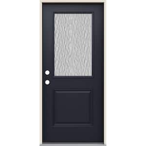 36 in. x 80 in. Right-Hand 1/2 Lite Vapor Hammered Glass Black Paint Fiberglass Prehung Front Door